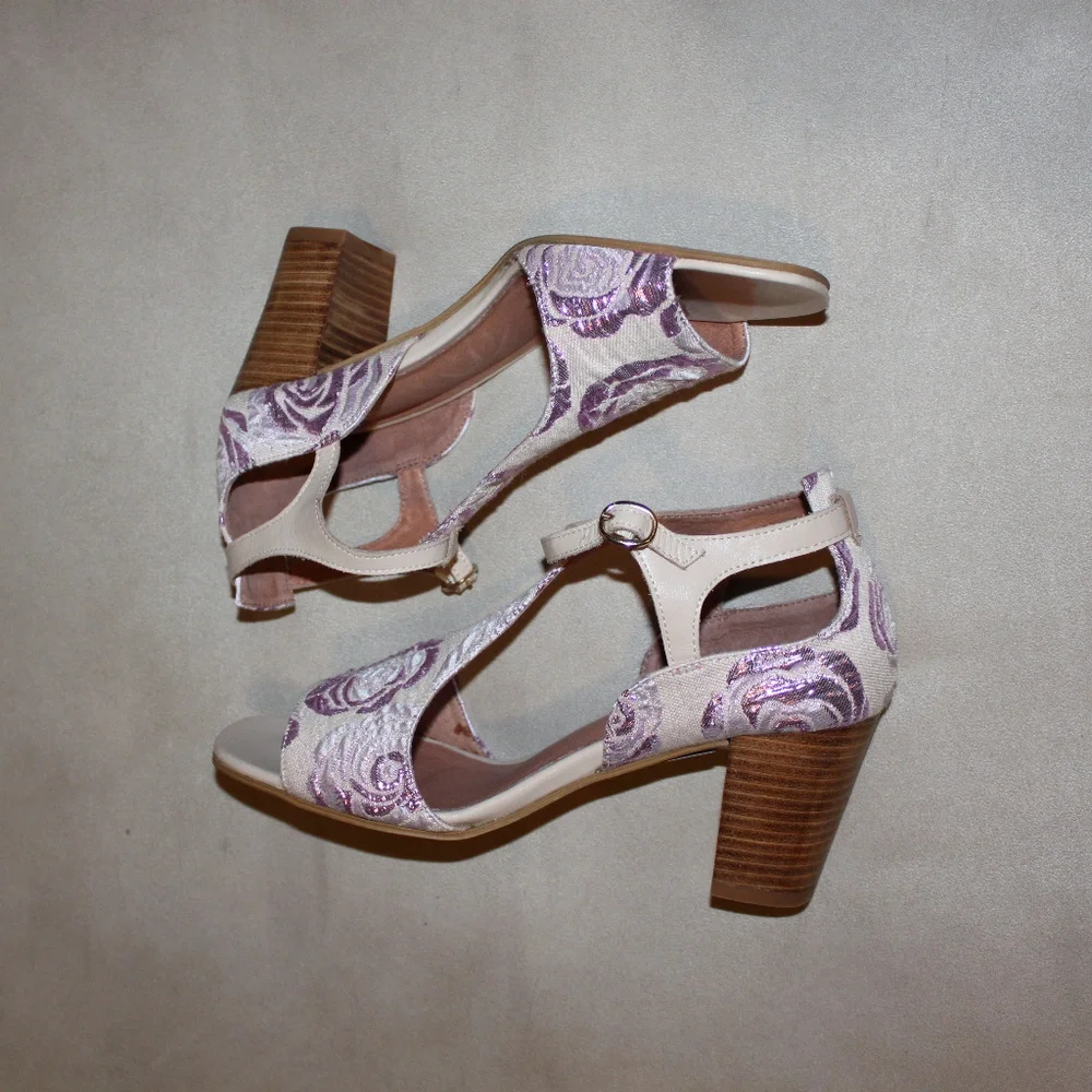 ANTHROPOLOGIE All Black Pink Purple Brocade T-Strap Pumps Block Heels 10 40